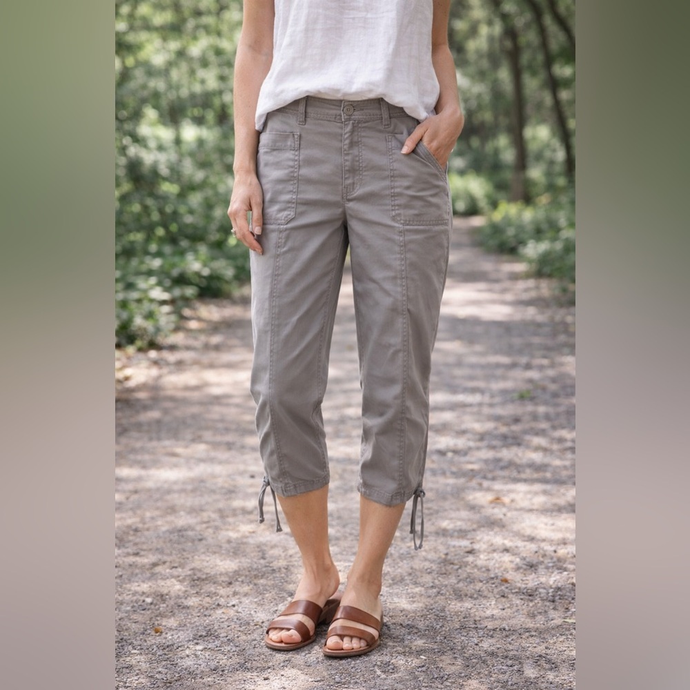 Eileen Fisher Gray Stretch Crop Pants Utility Cinch Hem Lyocell Blend Size 12
